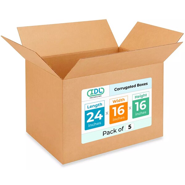 Idl Packaging 24 in x 16 in x 16 in Shipping Box, Kraft, Corrugate, Single Wall, 200#, 5 PK B-241616-5 - main